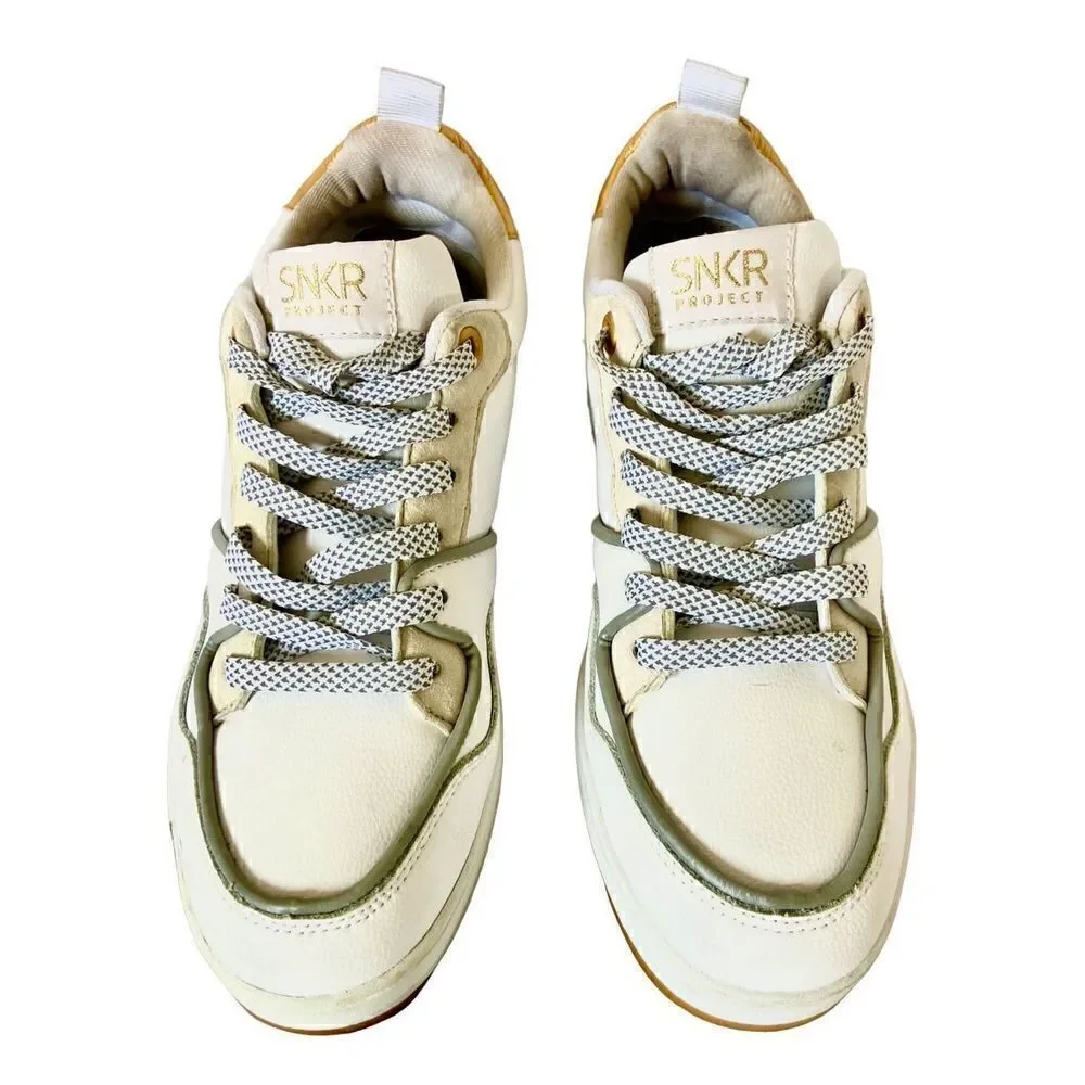 SNKR Project Mens Lafayette Leather Low Top Lace Up, White/Gold Size 8 TV Worn